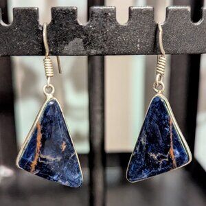 Sterling Silver 925 Blue Orange Natural Sodalite Stone Earrings Fish Hook Wire